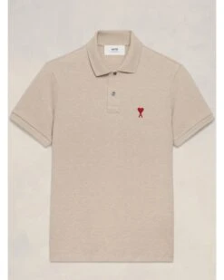 Ami Mens Heart Logo Polo Shirt Heather Light Beige