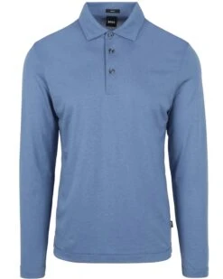 BOSS Mens Pleins Long Sleeved Polo Shirt Open Blue