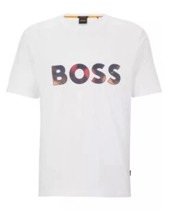 BOSS Mens Teeart Relaxed Fit Camo Logo T Shirt, White Tee