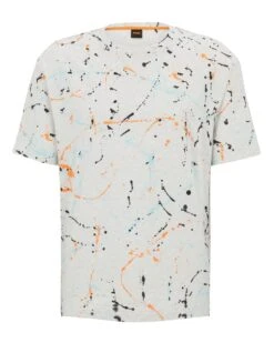 BOSS Mens Tepaint Pain Splash Print T Shirt, Grey Tee