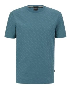 BOSS Mens Tiburt Monogram Pattern T Shirt, Turquoise Aqua Blue Tee