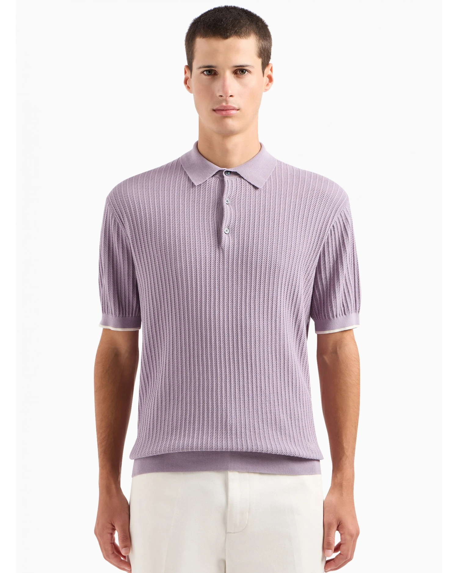 Emporio Armani Mens Knit Patterned Polo Shirt Lilac Purple 4 Emporio Armani Mens Knit Patterned Polo Shirt Lilac Purple - Image 2