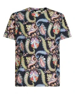 Etro Mens Floral Paisley T Shirt, Navy Blue Tee